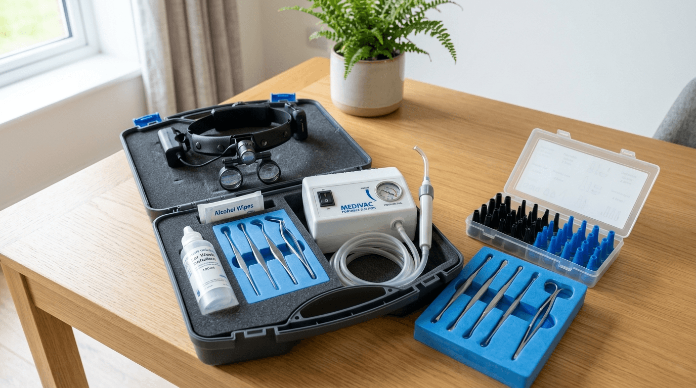 Portable professional ear microsuction kit laid out on a table